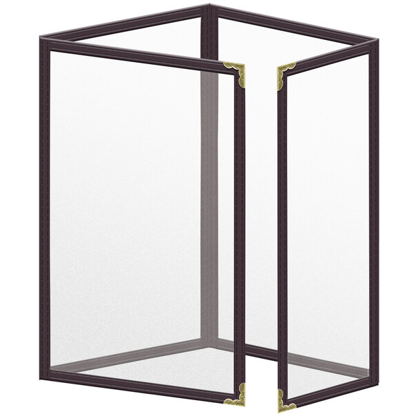 A brown vinyl menu cover with gold decorative corners and a matte finish with clear glass panels.