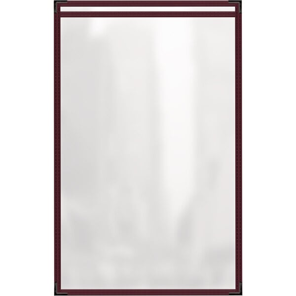 A maroon rectangular vinyl menu cover with black smooth corners.