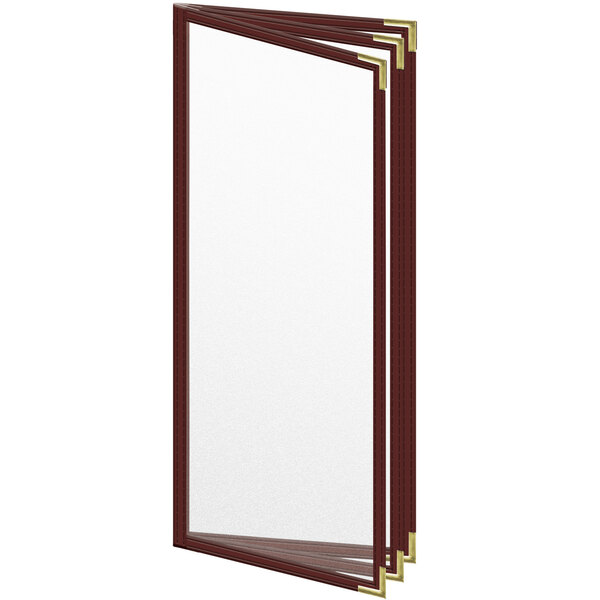 A maroon H. Risch, Inc. menu cover with gold corners and trim.