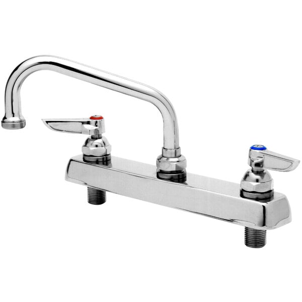 A chrome T&S deck-mount faucet with two handles and a 12" swing nozzle.