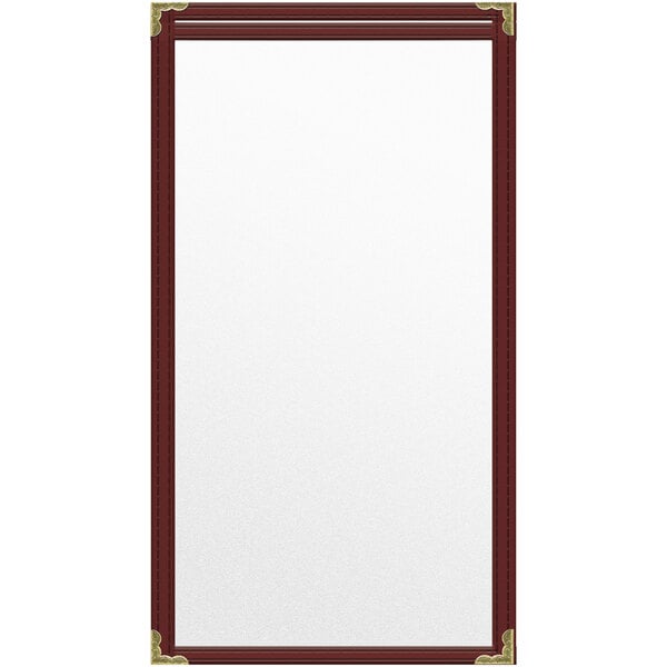 A maroon vinyl menu cover with gold decorative corners and matte finish.