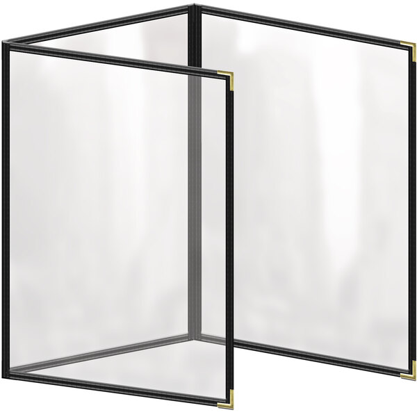 A black vinyl menu cover with gold smooth corners and a clear glass panel.