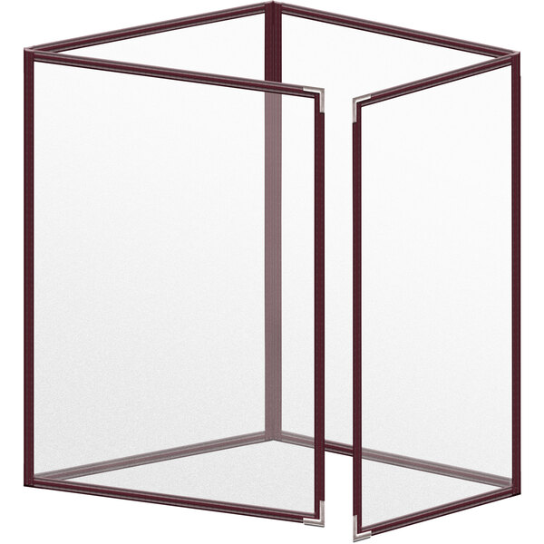 A maroon vinyl menu cover with a white rectangular frame and red border.