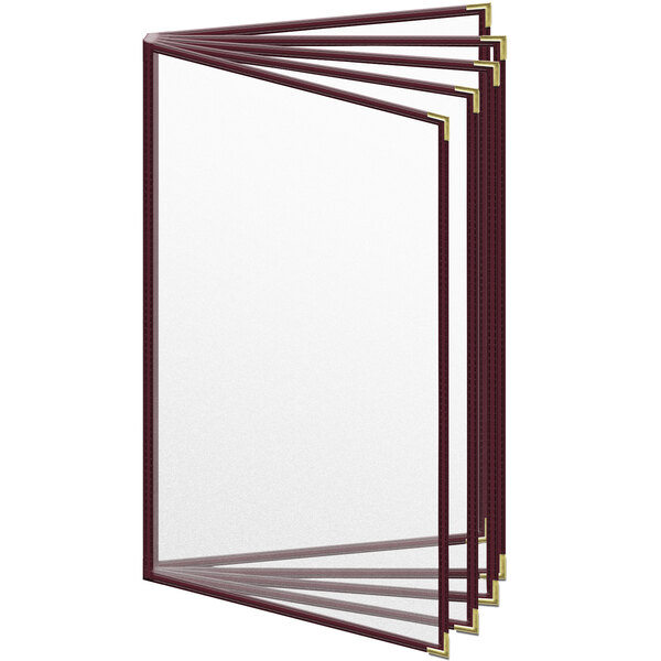 A maroon H. Risch, Inc. menu cover with gold corners and trim.