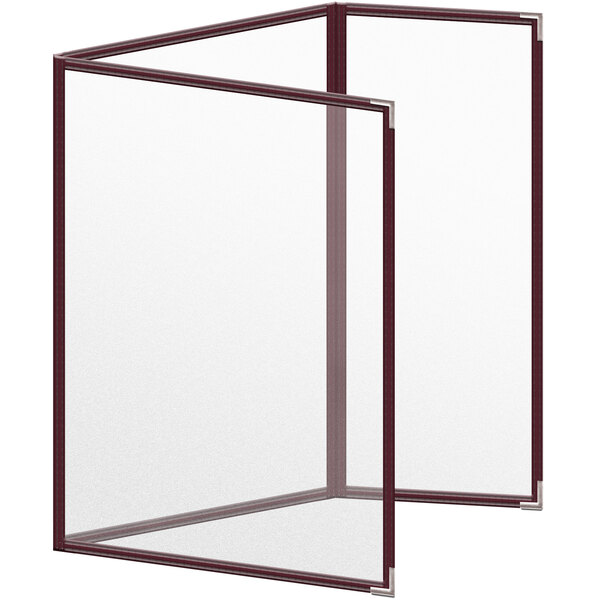 A white rectangular menu cover with a red stripe and metal corners.