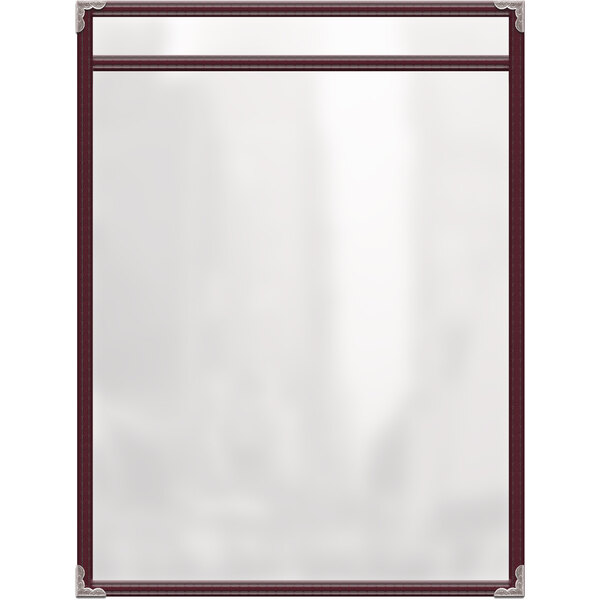 A maroon rectangular menu cover with silver decorative corners and a gloss finish.