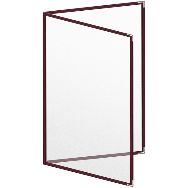 A maroon menu cover with a matte finish and silver smooth corners.