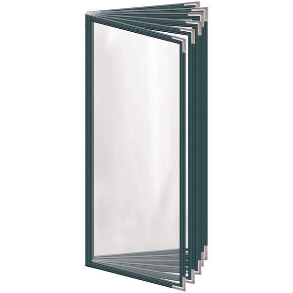 A rectangular green vinyl menu cover with silver corners and a glossy finish.