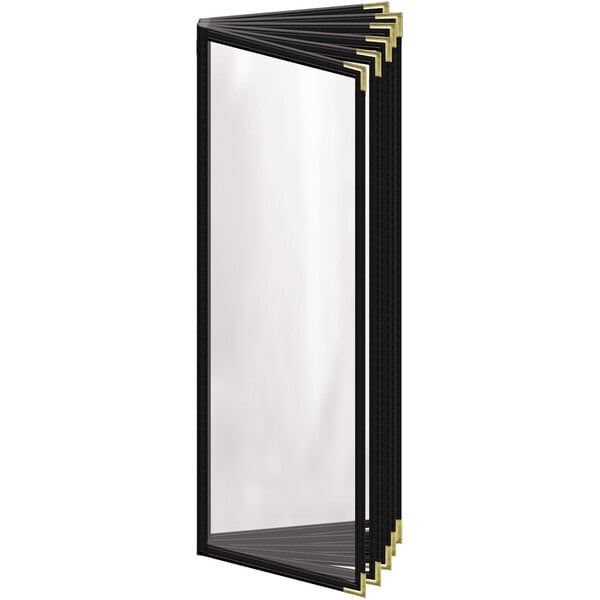A black rectangular H. Risch, Inc. menu cover with gold corners and a gloss finish.