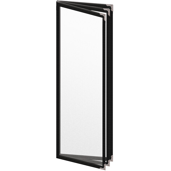 A black rectangular H. Risch, Inc. vinyl menu cover with silver corners.