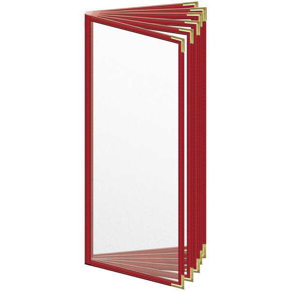 A red and gold H. Risch, Inc. vinyl menu cover with three open pages.