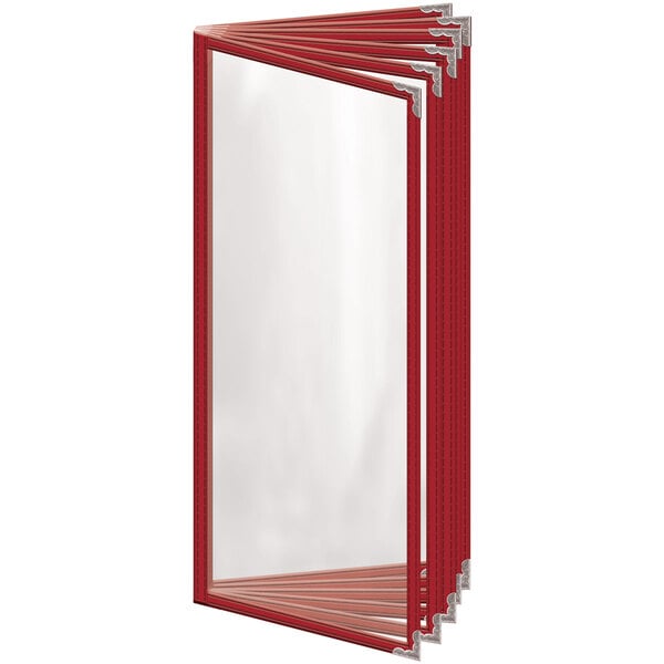 A stack of H. Risch, Inc. red 12 view menu covers with silver decorative corners on a white background.