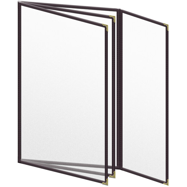 A white menu with black and gold decorative corners displayed in a brown vinyl folder with 8 open views.