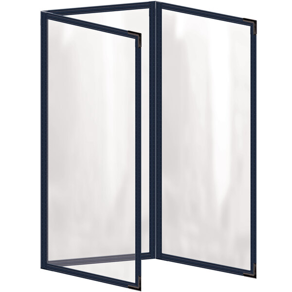 A white rectangular menu cover with black smooth corners and black lines.