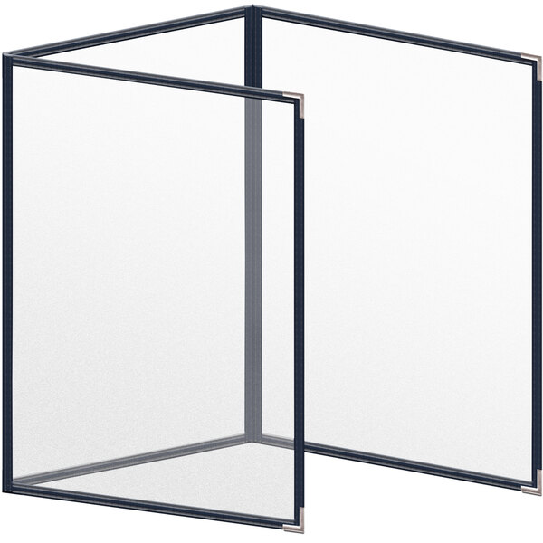 A blue vinyl menu cover with silver corners and a matte finish with clear glass panels.