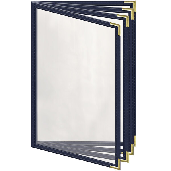 A set of three blue H. Risch, Inc. menu covers with gold corners and a gloss finish.