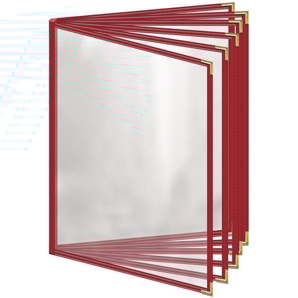 A red H. Risch, Inc. vinyl menu cover with gold trim and 12 red frames.