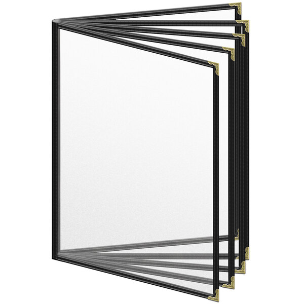 A group of H. Risch black vinyl menu covers with gold decorative corners.