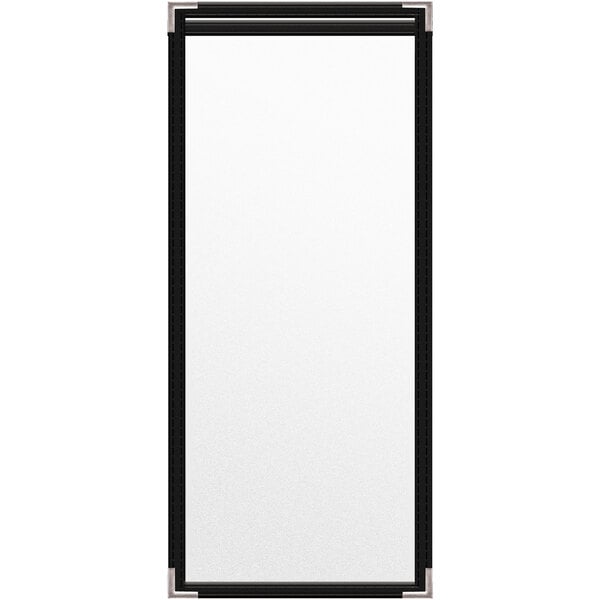 A rectangular white menu cover with black trim and silver corners.