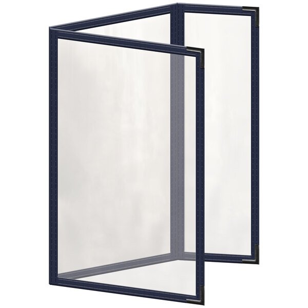 A blue rectangular menu cover with black smooth corners and glossy finish.