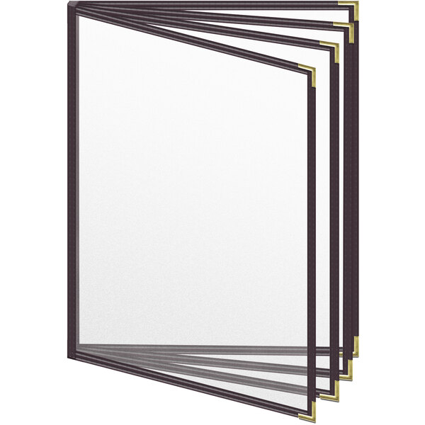 A brown rectangular menu cover with gold smooth corners and a matte finish with black and white papers inside.