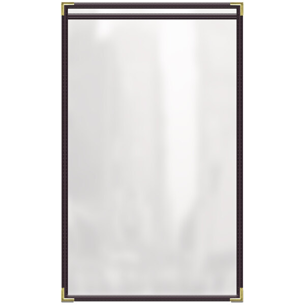 A white rectangular menu cover with black corners and a gold border.