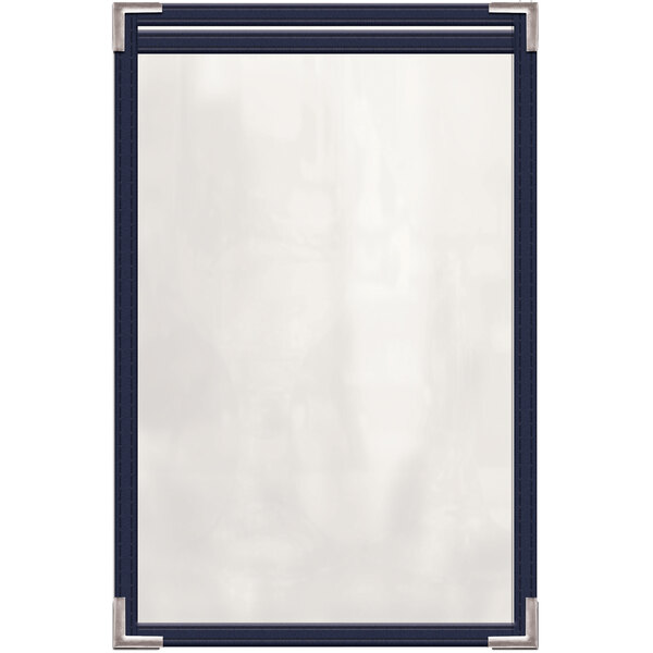 A white menu cover with blue trim and silver corners.