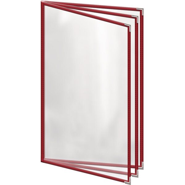 A group of red H. Risch, Inc. vinyl menu covers with silver corners.