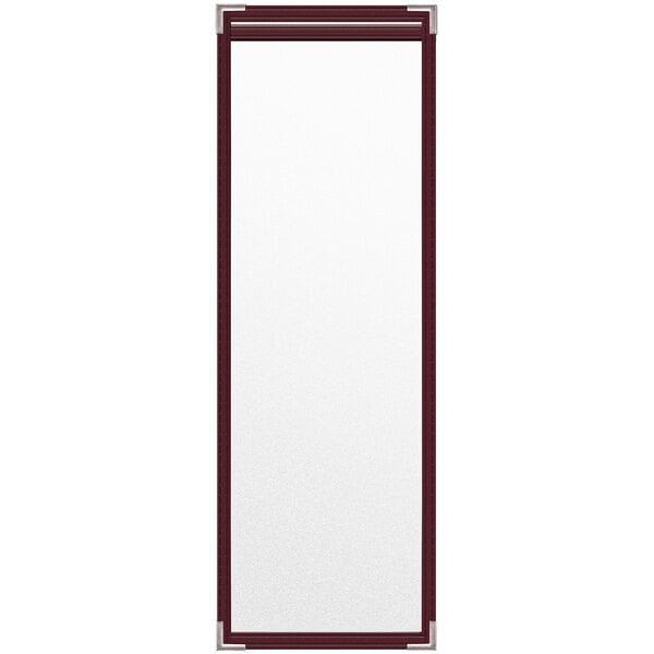 A rectangular maroon menu cover with a white rectangular insert with a red border.