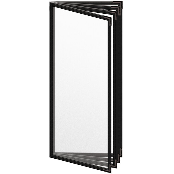 A black menu cover with white stitching and smooth corners.