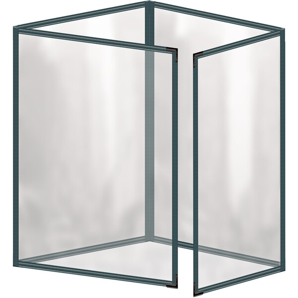 A green vinyl menu cover with black corners and a glossy finish with 8 clear plastic sleeves.