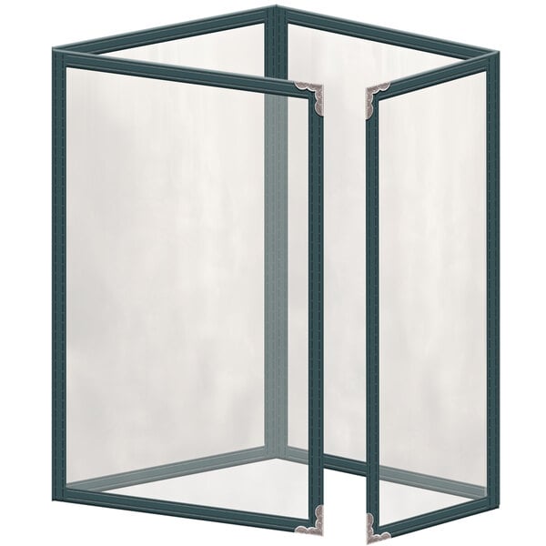A green vinyl menu cover with silver decorative corners and 8 views.