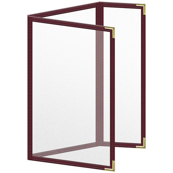 A maroon menu cover with gold corners and matte finish.