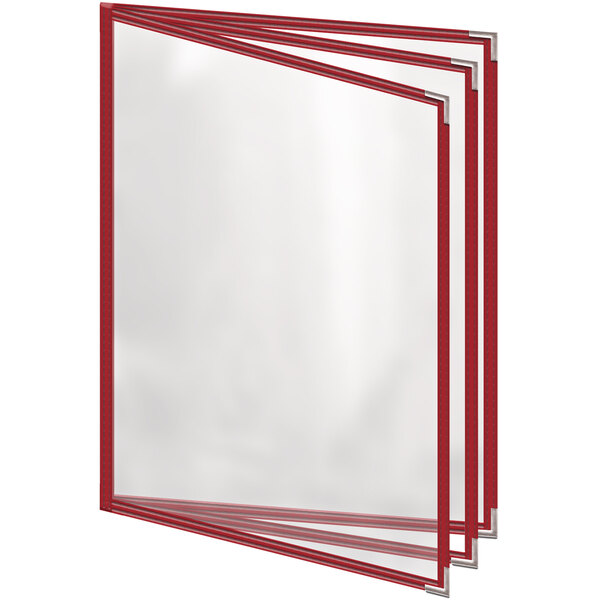 A white rectangular object with a red vinyl menu cover with three clear pockets.
