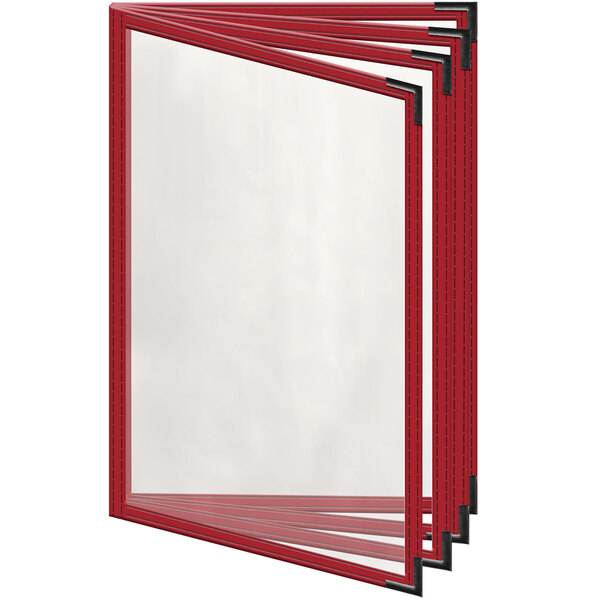 A red menu cover with black corners and gloss finish with clear plastic panels.