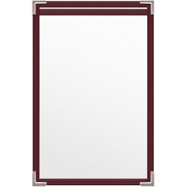 A maroon vinyl menu cover with silver metal corners.