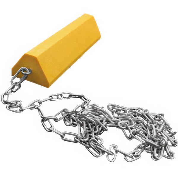 A yellow plastic wheel chock with chain.