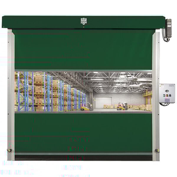 A white rectangular warehouse door with a green border and window.