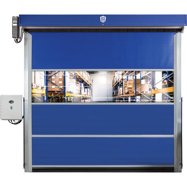 A blue high speed roller door with a window.