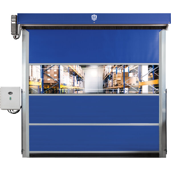 A blue Goff's G2 vinyl warehouse door with a window and a white box with a button on it.