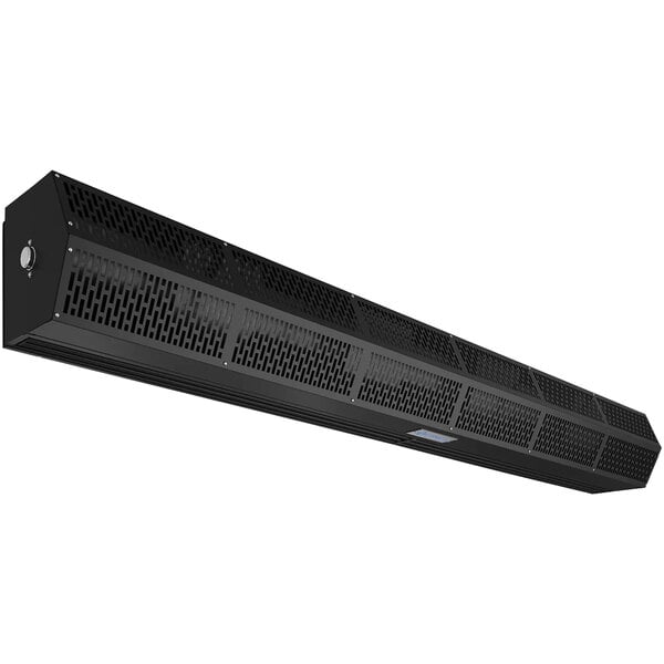 A black rectangular Berner Air Curtain with holes and a blue button.