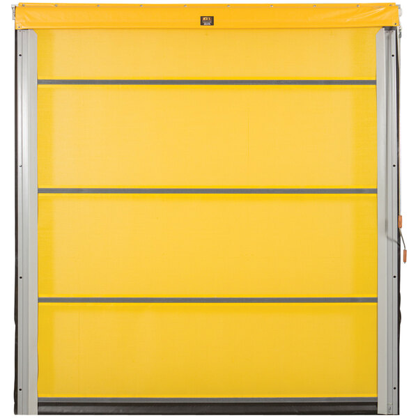 A yellow mesh bug screen door with silver metal frames.