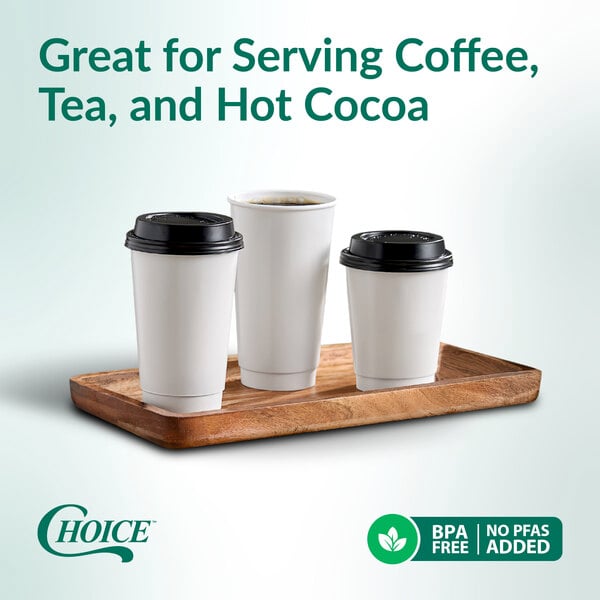 A set of three white poly paper hot cups on a wooden tray, suitable for serving hot beverages.