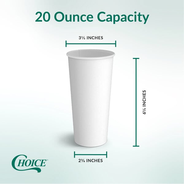 Choice white paper cup shown with cup measurements and a green and white background.