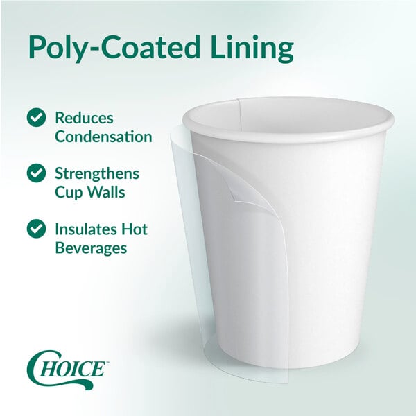 A white 20 oz. poly-coated paper cup on a green and white background with marketing text around it.