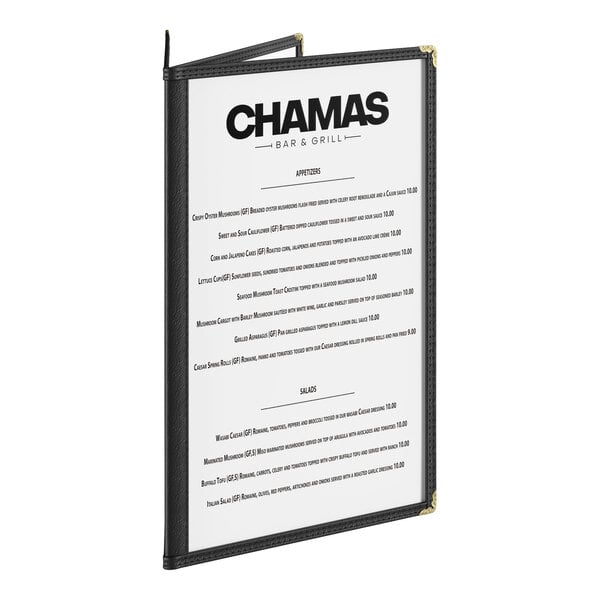 A black three-pocket menu cover displaying a restaurant menu.