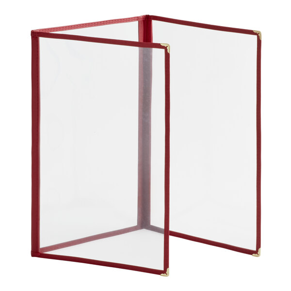 A burgundy plastic menu cover with clear panels and a red border.