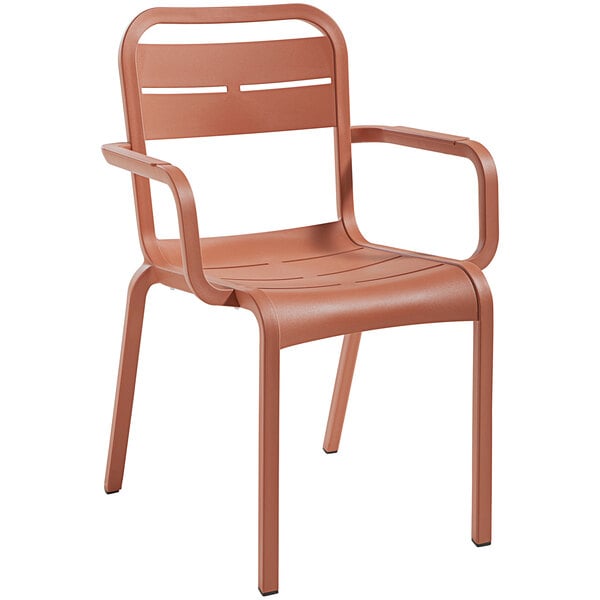 A brown resin outdoor armchair with armrests.