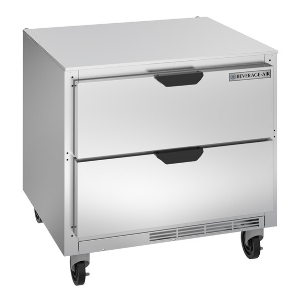 A stainless steel Beverage-Air undercounter refrigerator with two drawers.