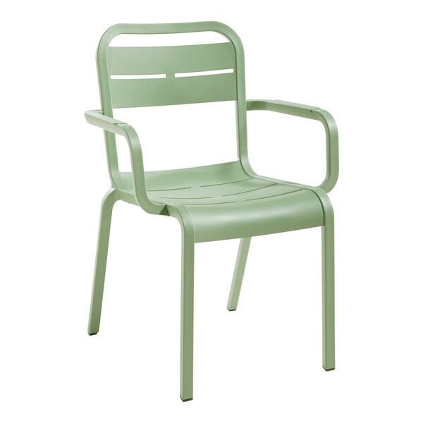 A green plastic Grosfillex Cannes armchair with armrests.